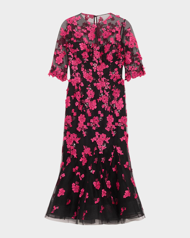 Beaded Floral-Embroidered Trumpet Midi Dress